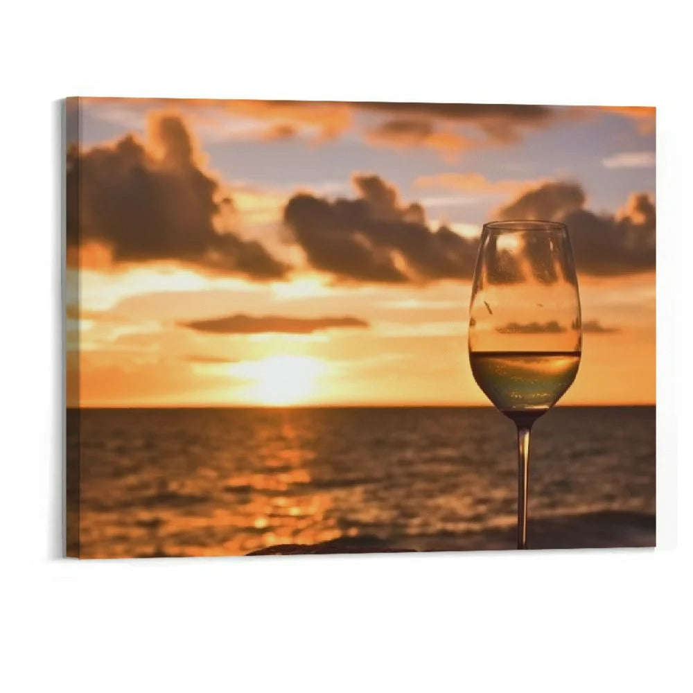 Shiartex Wall Art Painting Pictures Glass of white wine on the beach at sunset Sundowners Framed Poster Prints on Canvas Artwork for Living Room Bedroom Home Office Decor 20x16 Inch