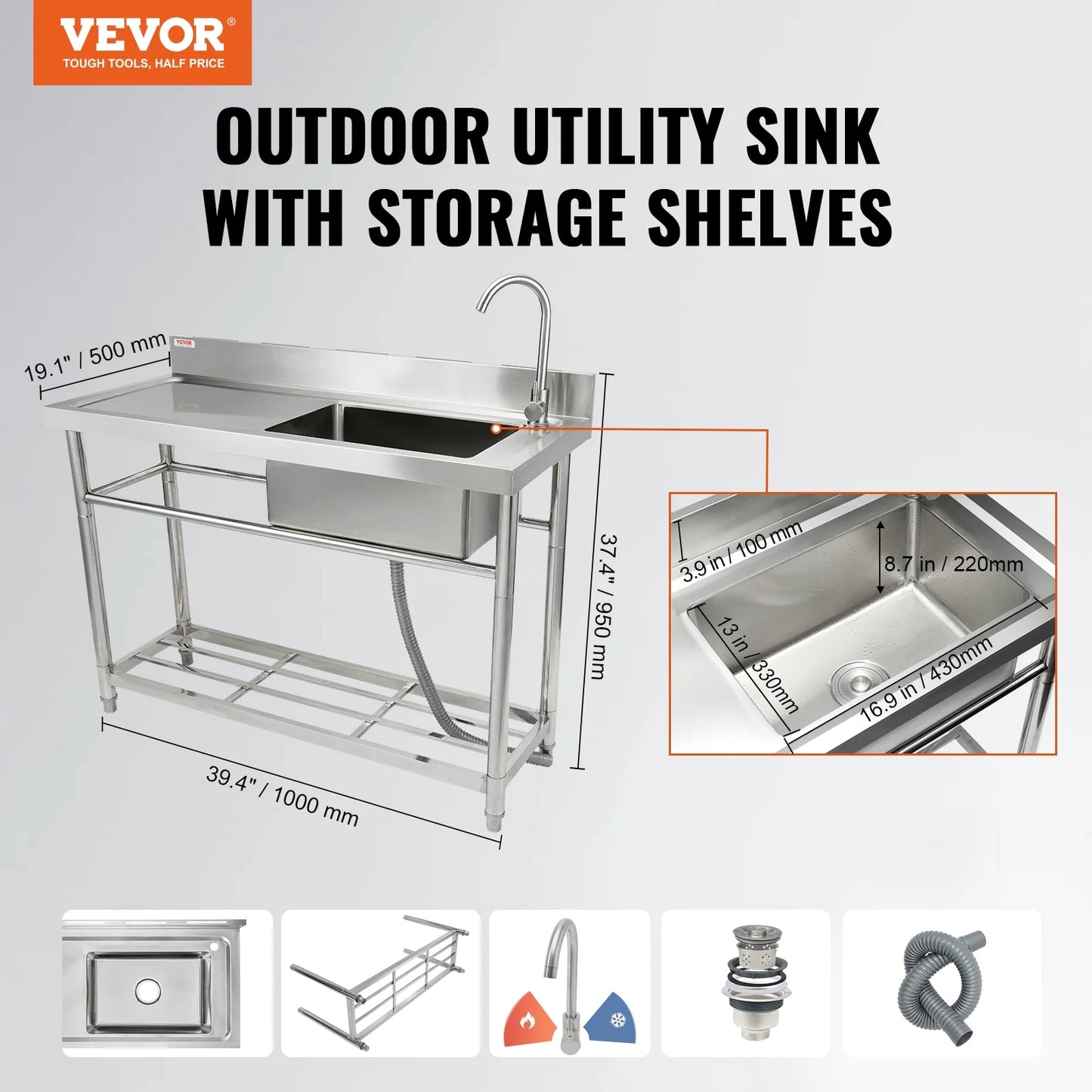 BENTISM Commercial Utility & Prep Sink Single Bowl w/Workbench 39.4 x 19.1 x 37.4 in