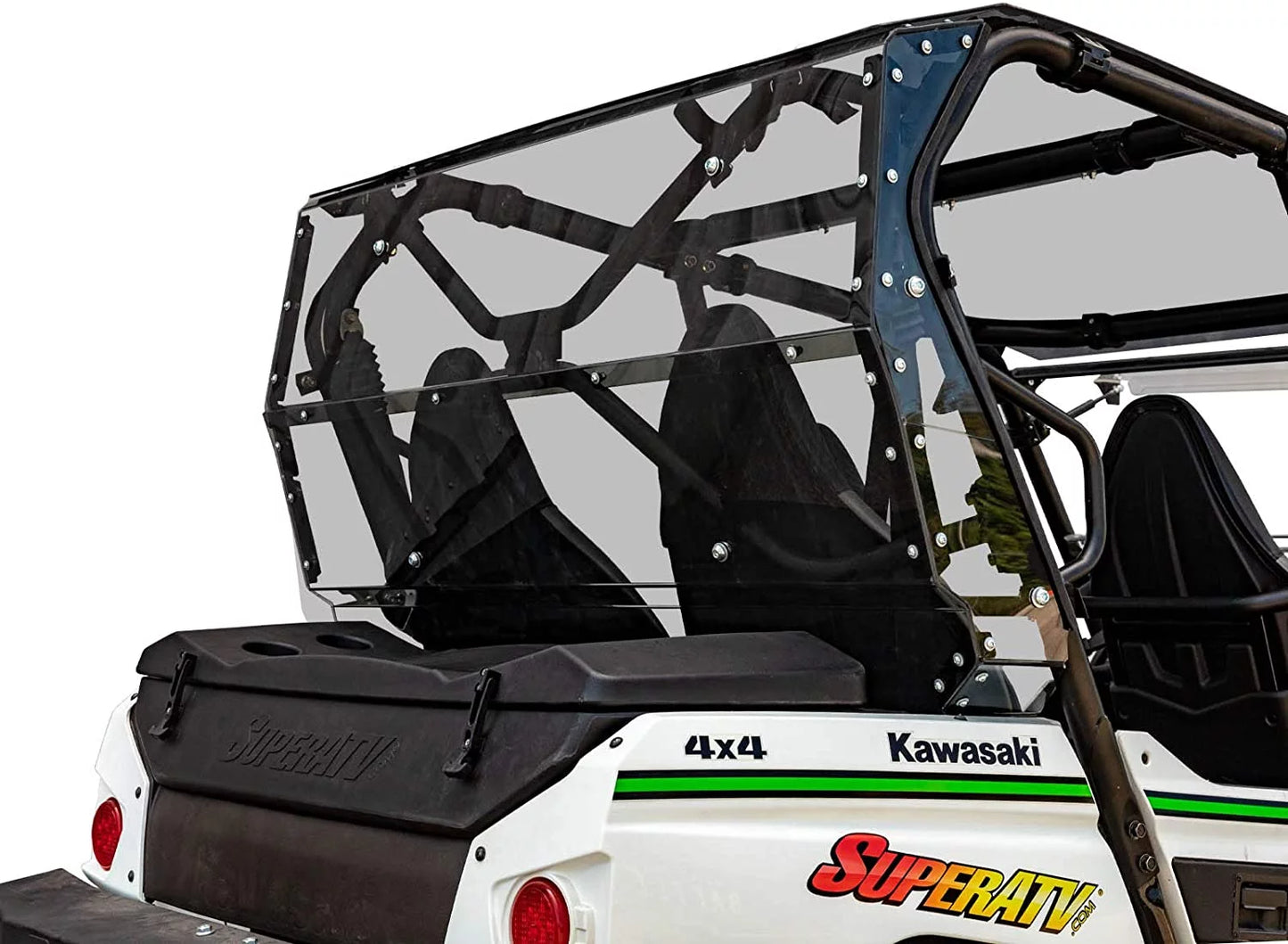 SuperATV Heavy Duty Rear Windshield for 2014+ Kawasaki Teryx 4 800 / 2021+ Teryx 4 S 1/4" Thick Lightly Tinted Polycarbonate 250x Stronger Than Glass Protects You From Flying Debris Made in USA!