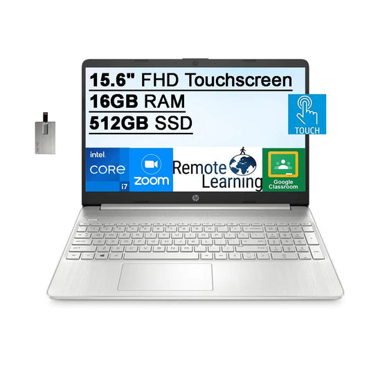 2021 15.6" FHD IPS Touchscreen Laptop Computer, Intel Core i7-1165G7 (Beats i7-1065g7), 16GB RAM, 512GB SSD, Intel Iris Xe Graphics, HD Webcam, HD Audio, Win 11 S, Silver, 32GB SnowBell USB Card