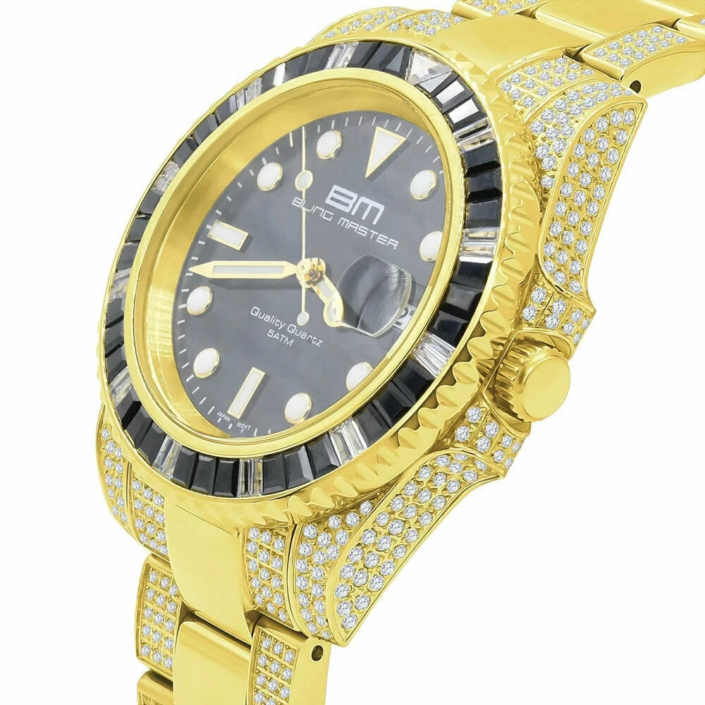 Solid Stainless Steel 18k Yellow Gold Simulated Diamond Mens Presidential Watch 40mm