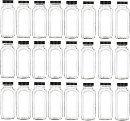 24 Pcs 16 Oz Glass French Square Bottle Set With Black Lids - Wide Mouth With BPA , Airtight, Leak Proof Lids For Fruit Juices, Kombucha, Dressings (Black, 24)