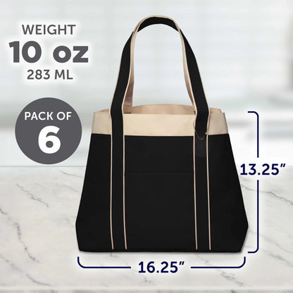 6 Donna Polyester Tote Bags Set - Two Tone, Reinforced Straps, Wide Gusset, Everyday Use - Black