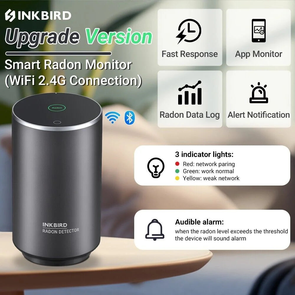 WiFi Radon Detector Smoker Gas Monitor Home Radon Monitor with Pulse Ion Chamber Sensor, Integrated Sound and Light Alarm, Short-Term and Long-Term Monitoring