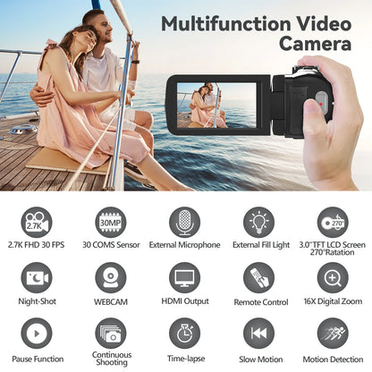 SEREE Video Camera for Youtube Camcorder Night Vision Film Camera Full HD 2.7K 30FPS 30.0 MP IR Vlogging Digital Camera, 2 Batteries, Remote