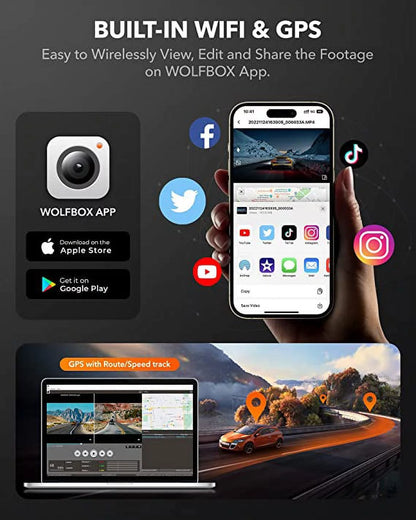 WOLFBOX Dash Cam Front and Rear, 4K Dashcam for Cars with WiFi GPS, 4K/2.5K Dash Cam Front+ 1080P Rear with 2.45" LCD, Night Vision, Loop Recording, Parking Monitor