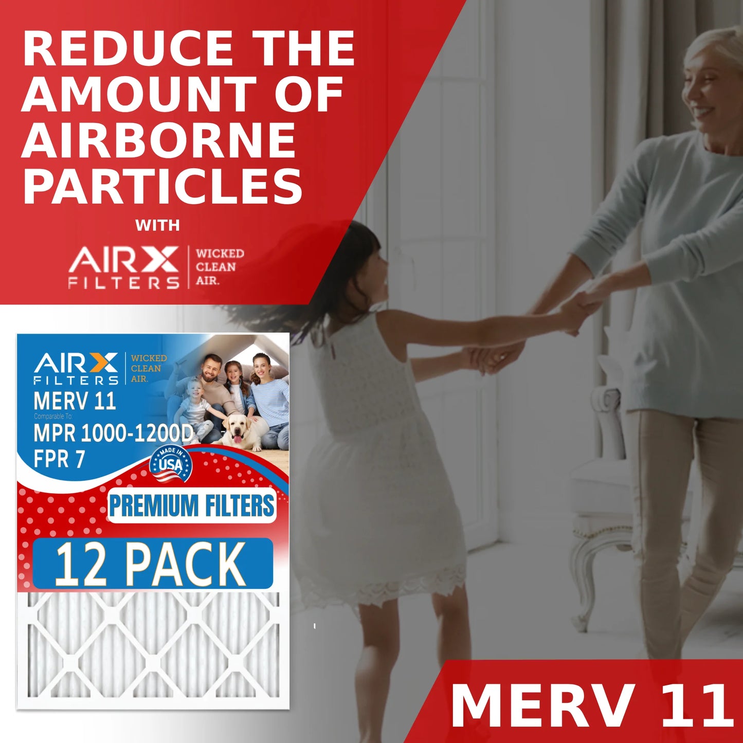 24x24x2 Air Filter MERV 11 Rating, 12 Pack of Furnace Filters Comparable to MPR 1000, MPR 1200 & FPR 7 - Made in USA by AIRX FILTERS WICKED CLEAN AIR.