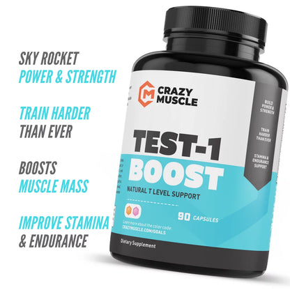 Test-1 Boost by Crazy Muscle: 100% Natural Testosterone Booster to Build Muscle - 90 Capsules