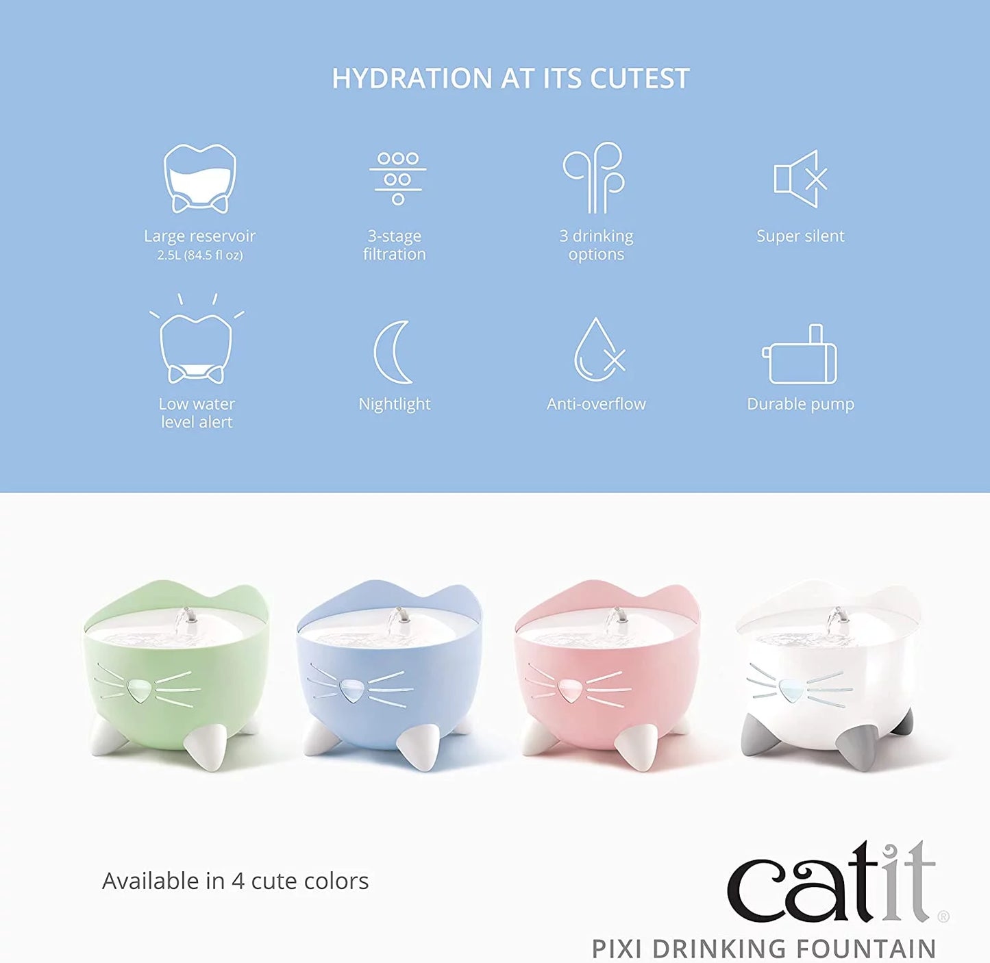 Catit PIXI Drinking Fountain Cat Water Fountain with Triple Filter and Ergonomic Drinking Options, Pink