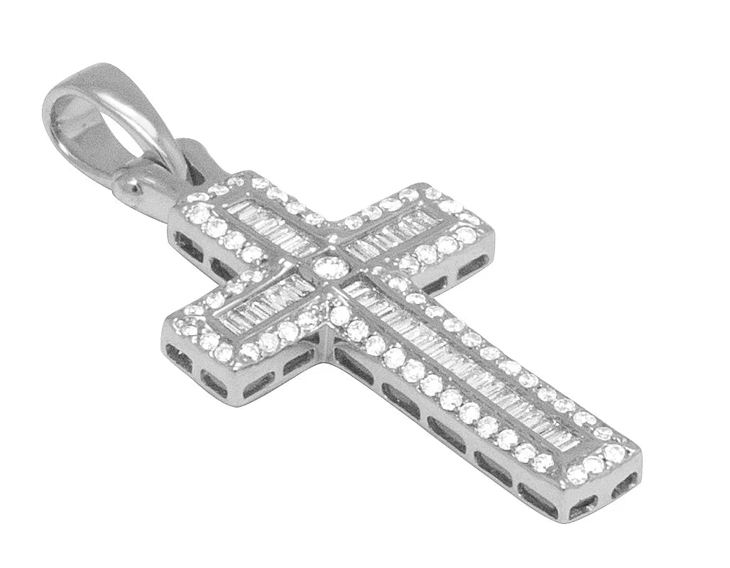 14K White Gold Diamond Baguette Cross 1.25" 0.4CT