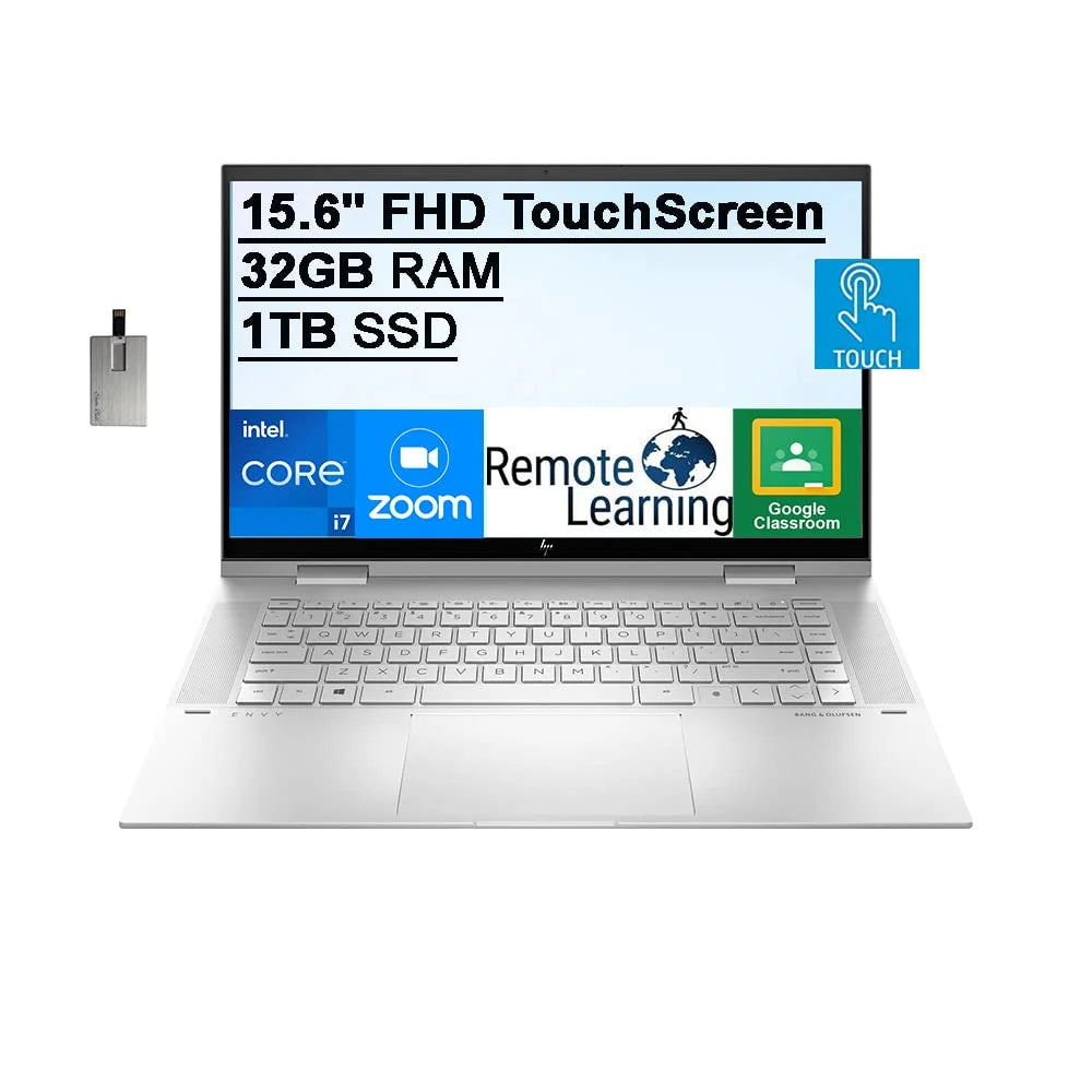 2021 Envy 2-in-1 15.6" FHD Touchscreen Laptop Computer, 11th Gen Intel Core i7-1195G7, 32GB RAM, 1TB PCIe SSD, Backlit Keyboard, Intel Iris Xe Graphics, HD Webcam, Win 11, Silver, 32GB USB Card