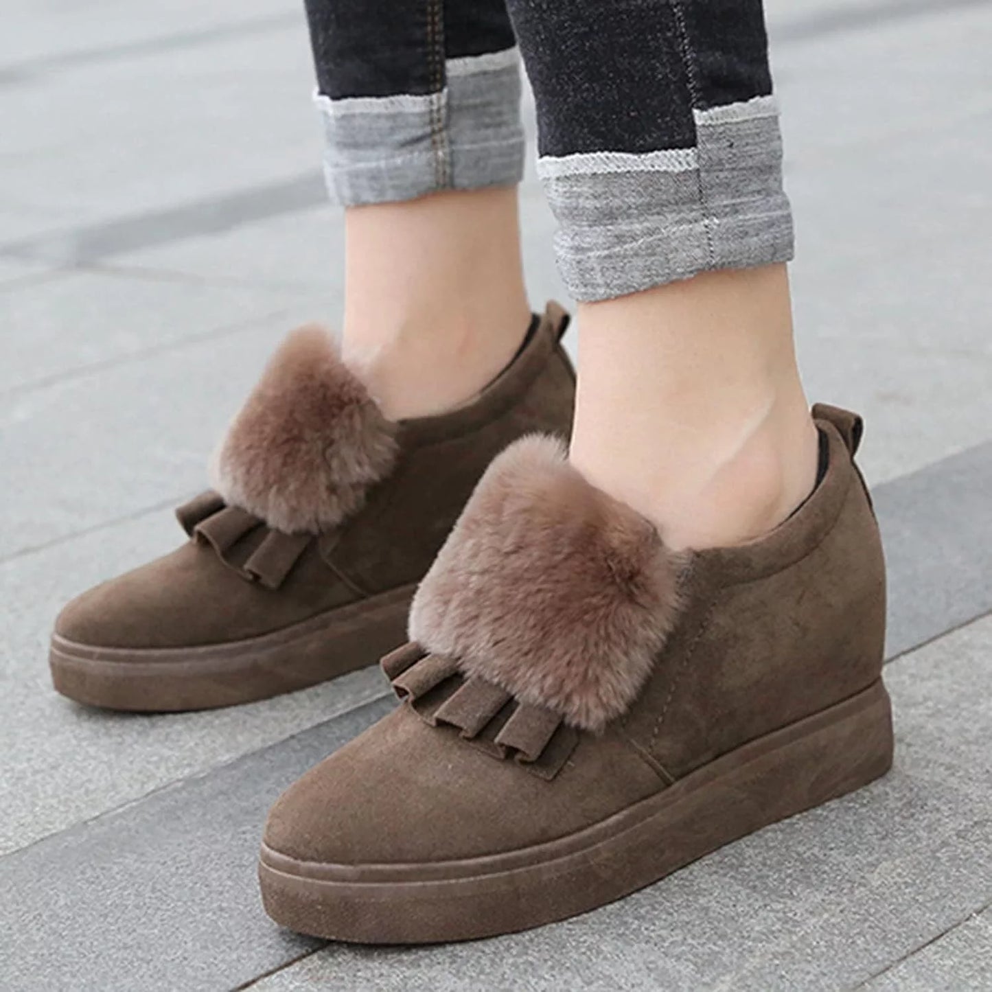 Womens Ankle Boots Fashion Classic Cotton Shoes Vintage Autumn Winter Furball Embellished Thicksoled Wedges Boots