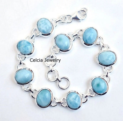 Solid 925 Sterling Silver Bracelet For Men Women, Genuine Oval Blue Larimar Multiple Gemstone Unique Handcrafted Bracelet For Her Him