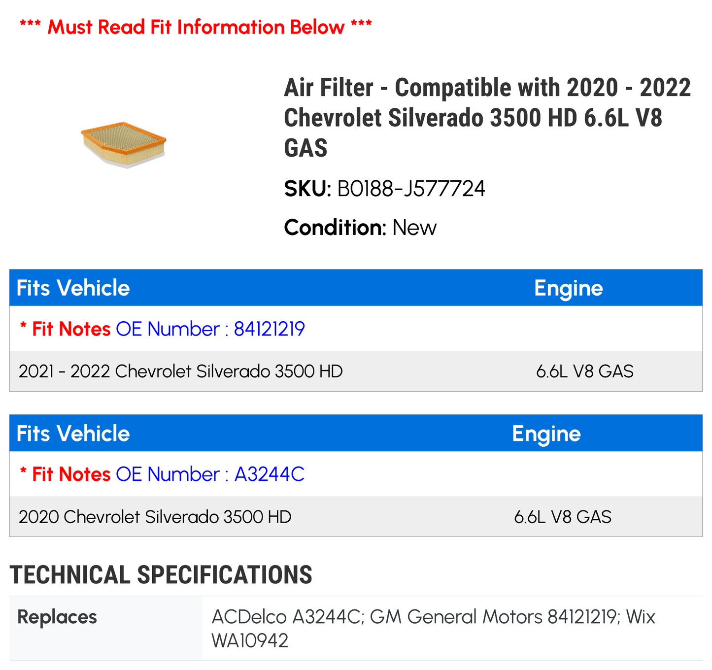 Air Filter - Compatible with 2020 - 2022 Chevy Silverado 3500 HD 6.6L V8 GAS 2021