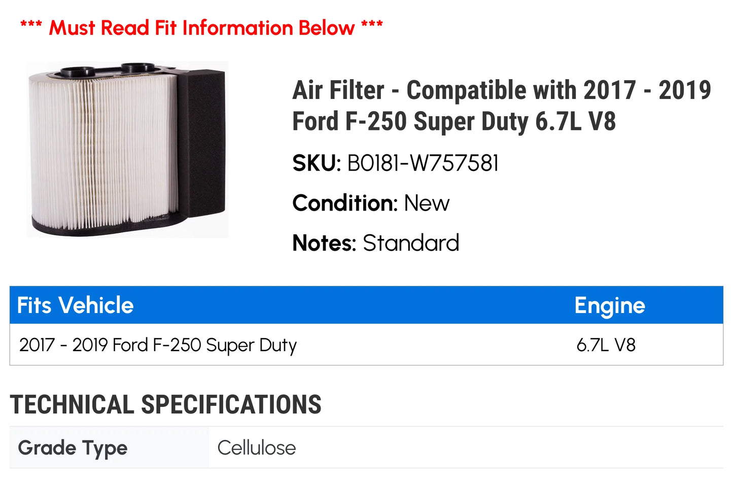 Air Filter - Compatible with 2017 - 2019 Ford F-250 Super Duty 6.7L V8 2018