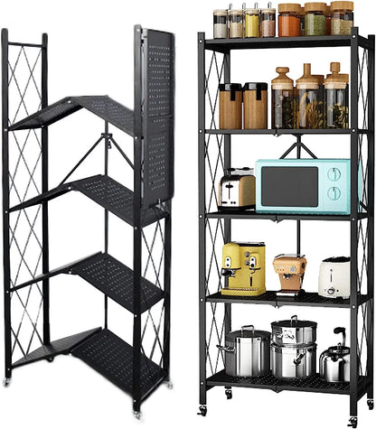 Storage Shelves, 5-Shelf Foldable Metal Garage Shelving Units 28" W x 14" D x 65" H for Kitchen Bakers Closet, Metal Wire, Collapsible Organizer Rack, Heavy Duty on Wheels (5- shelf storage)