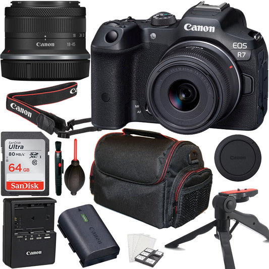 Canon EOS R7 Mirrorless Camera with RF-S 18-45mm f/4.5-6.3 IS STM Lens + 64GB Memory Card + Tripod + Case & More