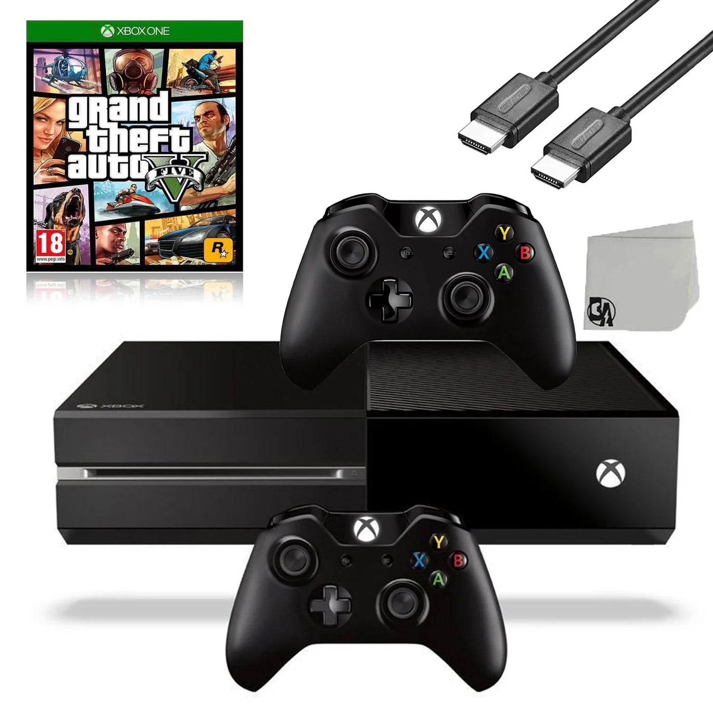 Xbox One Original 500GB Gaming Console Black HDMI Cable 2 Controller Included With GTA V Game BOLT AXTION Bundle Like New