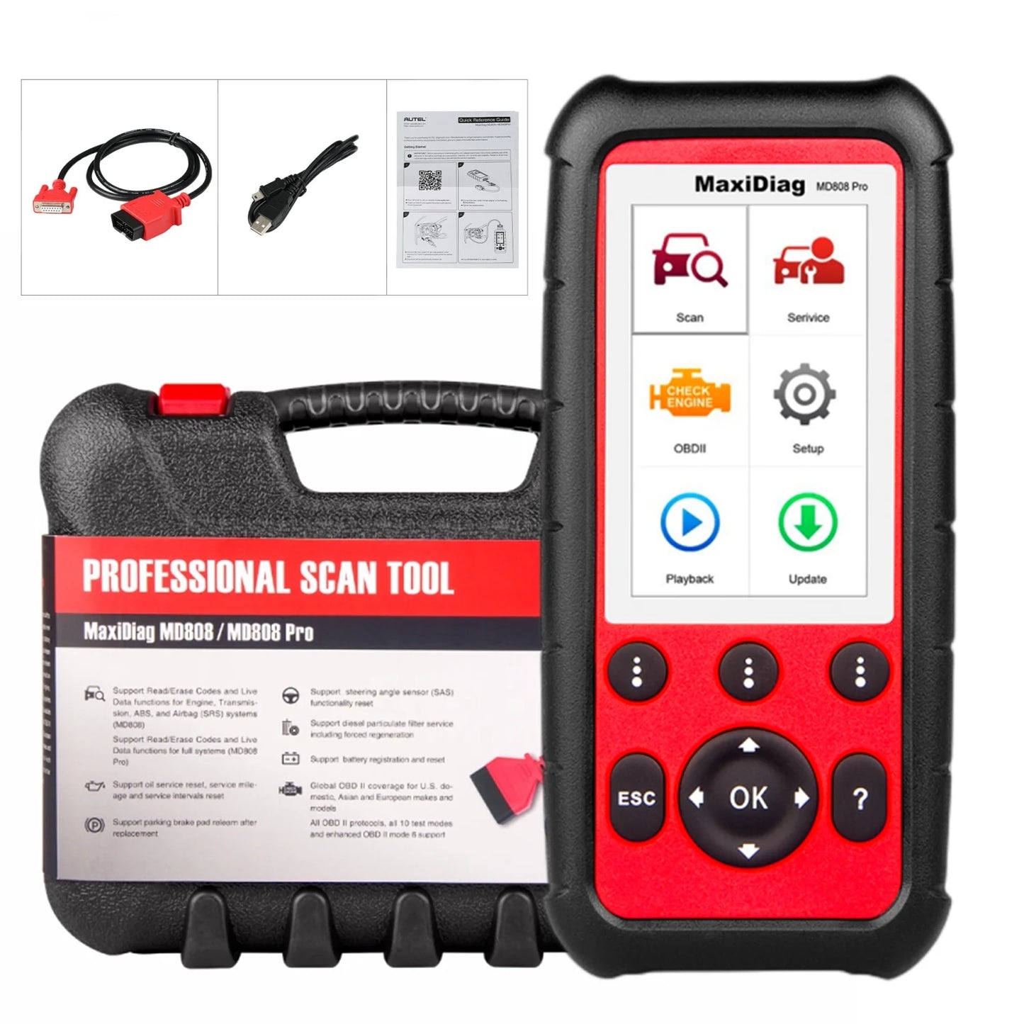 Autel MaxiDiag MD808 Pro OBD2 Scanner EPB/ Oil Reset Battery Registration and Reset Parking Brake Pad Relearn Diesel Particulate Filter Regeneration Steering Angle Relearn Read/Clear Codes Live Data