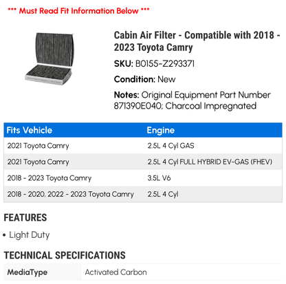 Cabin Air Filter - Compatible with 2018 - 2023 Toyota Camry 2019 2020 2021 2022