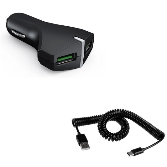 Type-C Coiled USB Cable w 2-Port USB 36W Fast Car Charger M1Y for Samsung Galaxy Tab S3 9.7 S9 Plus, S8+ S8, S10e S10 Plus active 5G Note 9 8 10 Plus A9 A50 A20 A10e - Sonim XP8 XP3