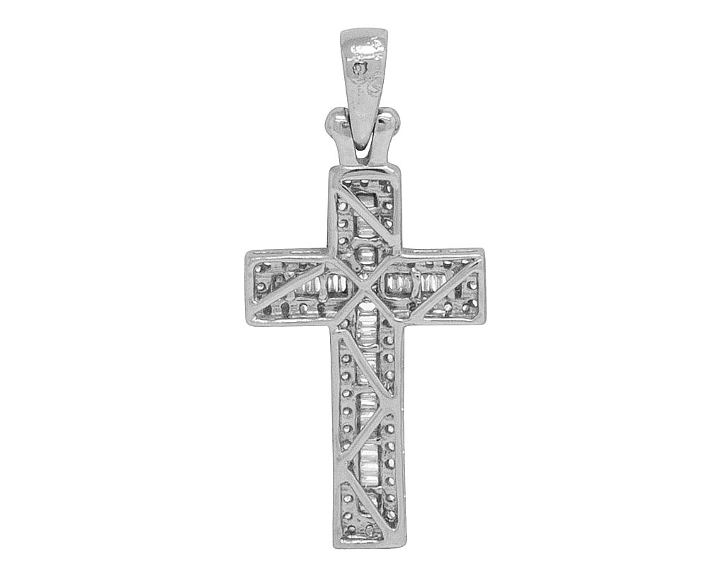 14K White Gold Diamond Baguette Cross 1.25" 0.4CT