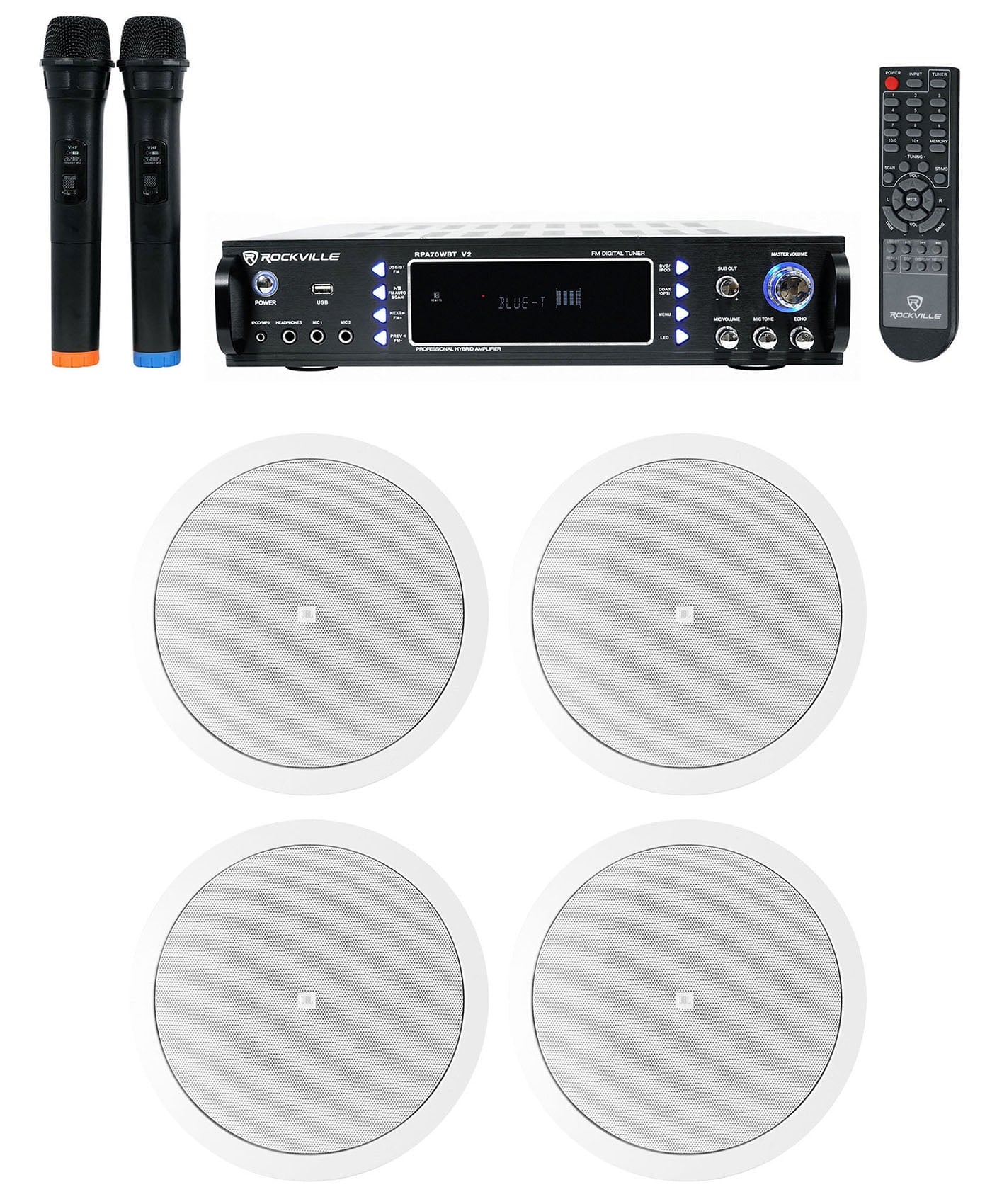 4) JBL 6.5" Ceiling Speakers+Bluetooth Receiver+2) Mics For Restaurant/Bar/Cafe