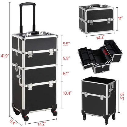 3-in-1 Aluminum Cosmetic Case Professional Makeup Train Case Large Capacity Trolley Makeup Travel Case