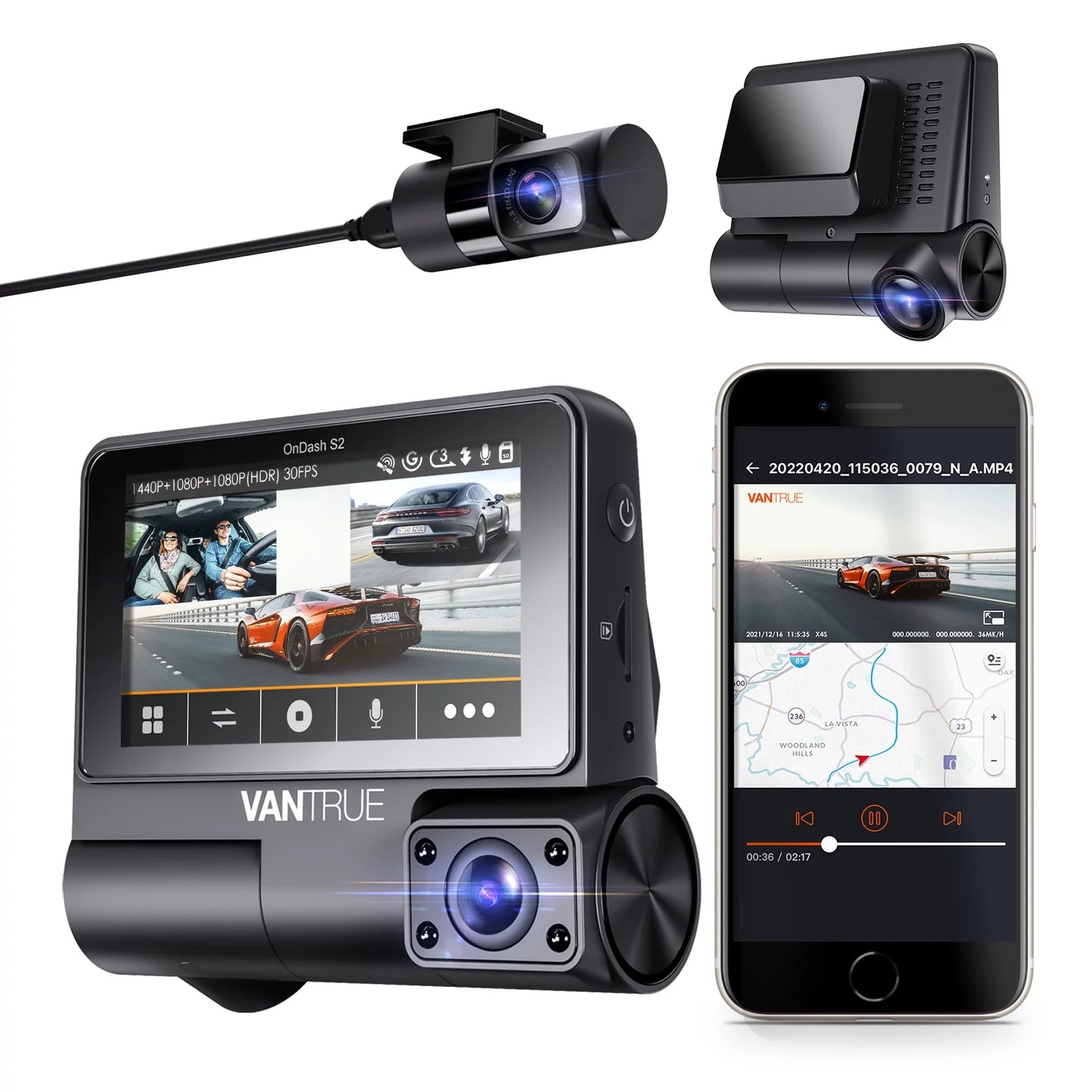 Vantrue S2 3 Channel 2K Front+1080P Interior +1080P Rear 30FPS WiFi Dash Cam, 3 inch Touchable IPS Screen Car Camera with Nearly 360° Wide Angle, GPS built in, 24h Parking Monitor, Supercapacitor