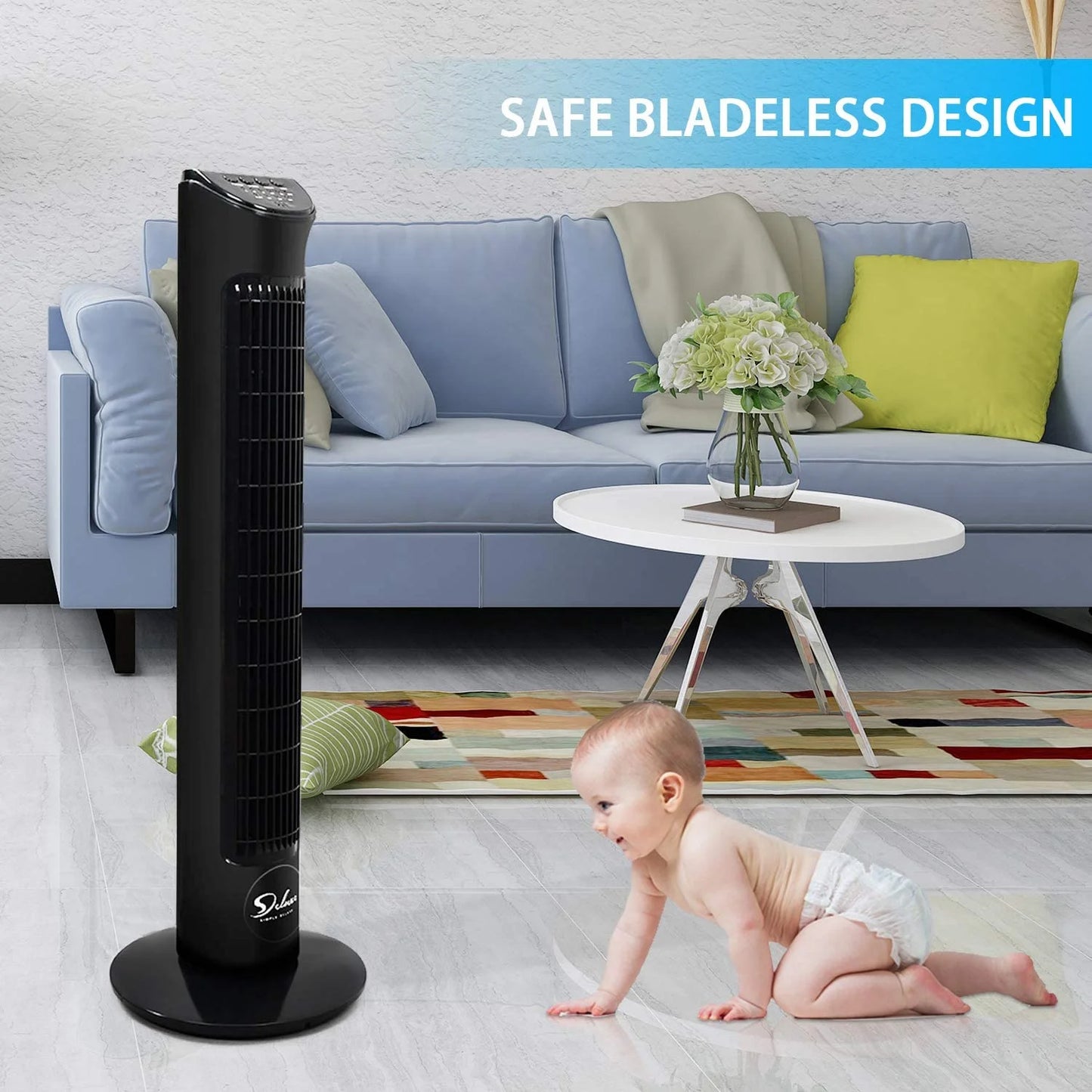 Simple Deluxe 32"Tower Fan with Remote, 90° Oscillating Fan with 4 Speeds, Bladeless Fan, Standing Floor Fans, Black