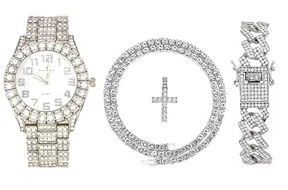 Charles Raymond Luxury Mens Iced Out Tennis Cross Necklace w/Diamond Quartz Wristwatch - Be Lit & Choose The Matching Blinged Out Cuban ZZ Bracelet Set - ST10327AR SLV Shiny Dial 3pc Set (24")