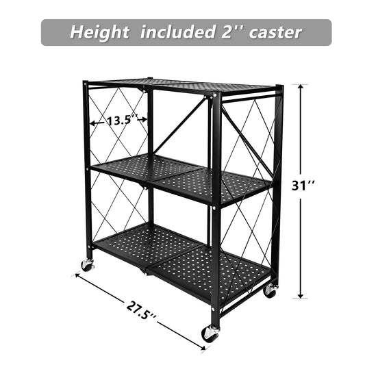 3-Tier Storey Heavy Duty Foldable Metal Rack Storage Shelving Unit with Easy Moving Organizer Shelving Suitable for Garage Kitchen, Black