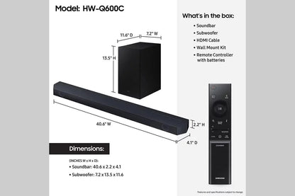 Samsung HW-Q600C 3.1.2ch Soundbar and Subwoofer with Dolby Atmos with a Walts TV SOUNDBAR-MOUNT for Compatible Soundbars Under 15lb (2023)