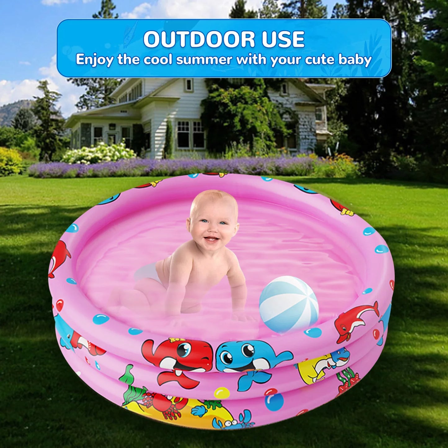 Round Inflatable Baby Swimming Pools, 47"x12" 3 Ring Portable inflatable Swimming Pool for Kids, Kiddie Paddling Pool Indoor&Outdoor Toddler Water Game Play Center for Kids/Girls/Boys,Pink