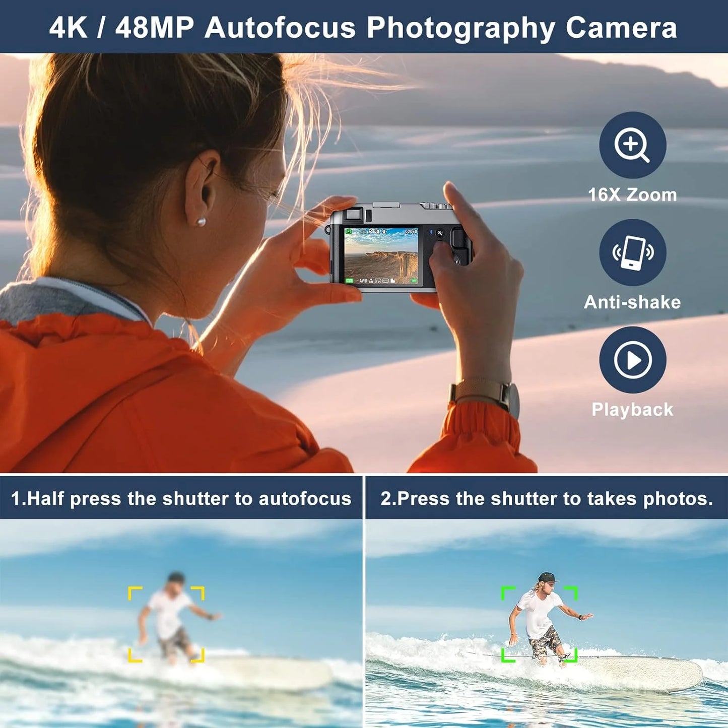 4K Digital Camera for Photography Autofocus 48MP 4K Camera for Vlogging YouTube 16X Digital Zoom Video Camera with 32GB SD Card