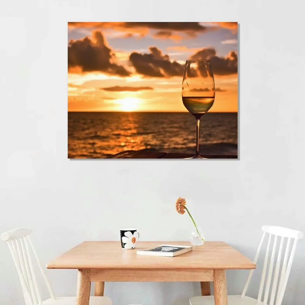 Shiartex Wall Art Painting Pictures Glass of white wine on the beach at sunset Sundowners Framed Poster Prints on Canvas Artwork for Living Room Bedroom Home Office Decor 20x16 Inch