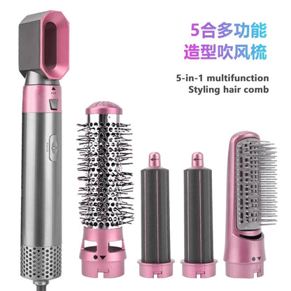 5-in-1 Electric Hair Dryer Brush - Negative Ionic Hair Styler with Detachable Brush Heads - Blow Dryer Brush for Straightening and Automatic Curling Styling, Color: PinkGold