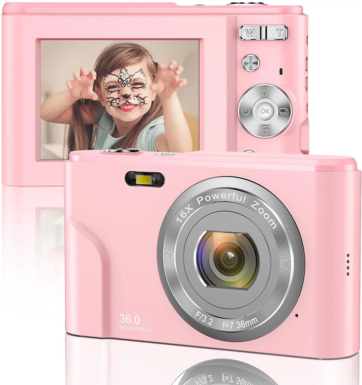 ACTITOP Kids Digital Camera, FHD 1080P 36MP 16X Digital Zoom, Compact Mini Camera (Pink)