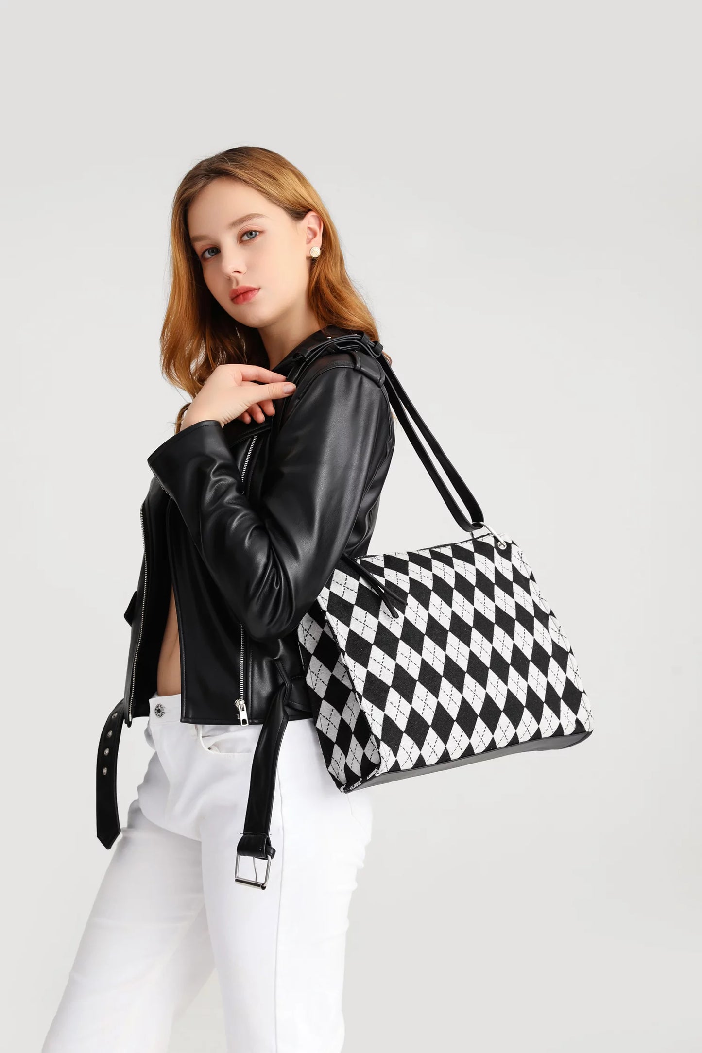 Black and off-white checkerboard pattern handbag Ladies Shoulder Bag clutch handbag