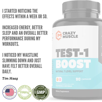 Test-1 Boost by Crazy Muscle: 100% Natural Testosterone Booster to Build Muscle - 90 Capsules