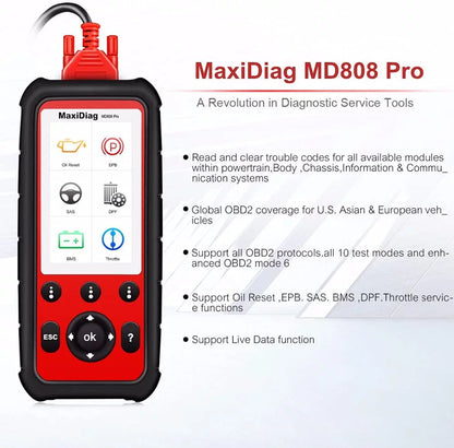 Autel MaxiDiag MD808 Pro OBD2 Scanner EPB/ Oil Reset Battery Registration and Reset Parking Brake Pad Relearn Diesel Particulate Filter Regeneration Steering Angle Relearn Read/Clear Codes Live Data