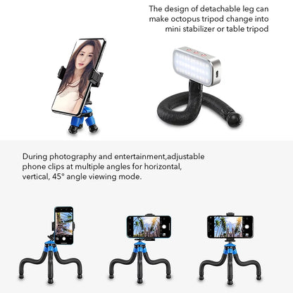 APEXEL APL-JJ07 Detachable Flexible Octopus Tripod Portable Mini Travel Mobile Phone Tripod with Foldable Phone Clip Compatible with GoPro DSLR Camera Max Load 3kg