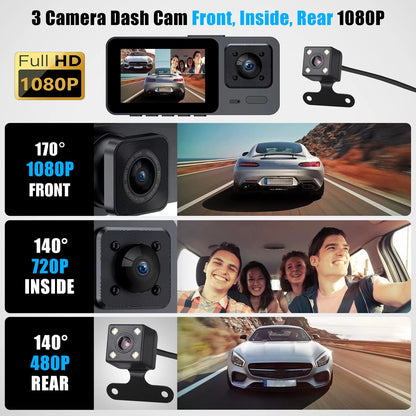 1080P 3 Lens Car DVR Dash Cam Front Rear Inside Camera Video Recorder G-Sensor