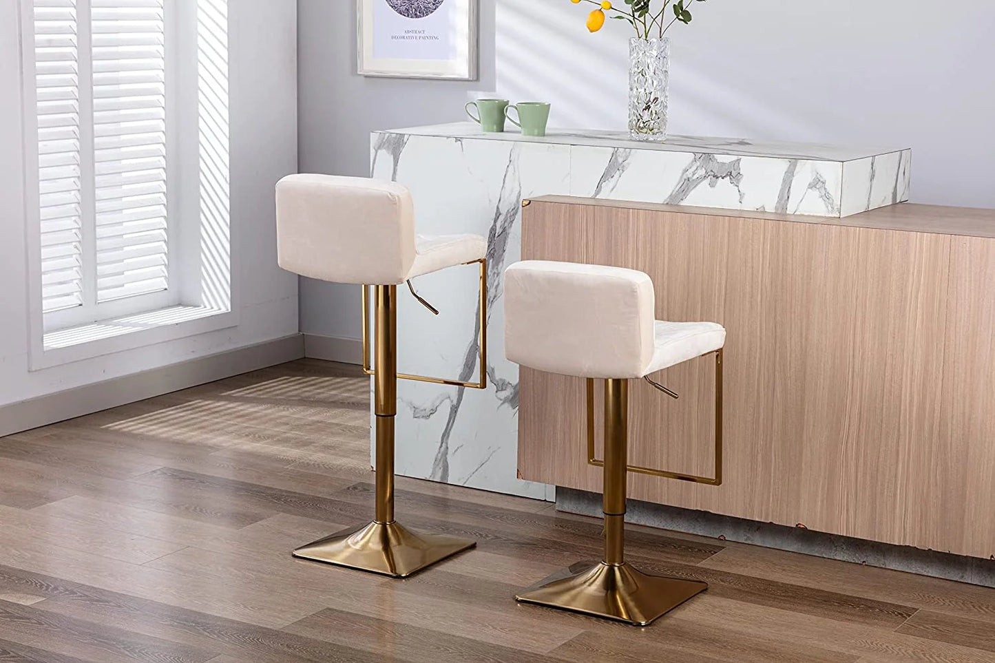 TJUNBOLIFE Velvet Stools Modern Swivel Counter Height Barstools Height Adjustable Kitchen Stools for Island Chairs Island Stools Chair Gold sillas para barra de cocina (Ivory Set of