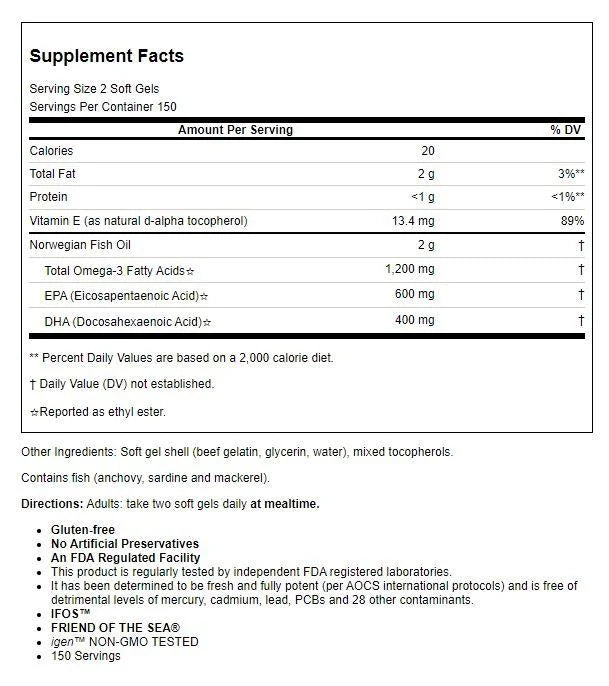 Carlson Labs - Norwegian Super Omega-3 Gems Fish Oil Concentrate 1000 mg. - 300 Softgels