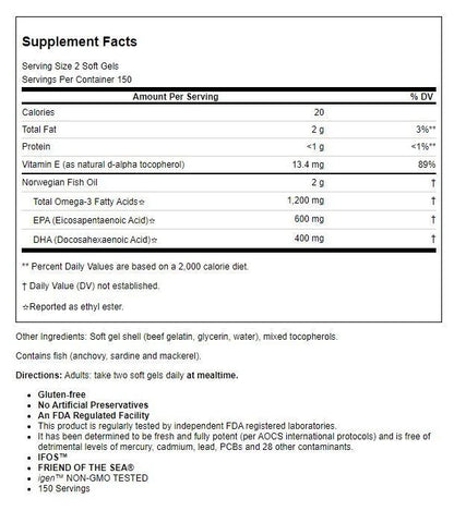 Carlson Labs - Norwegian Super Omega-3 Gems Fish Oil Concentrate 1000 mg. - 300 Softgels