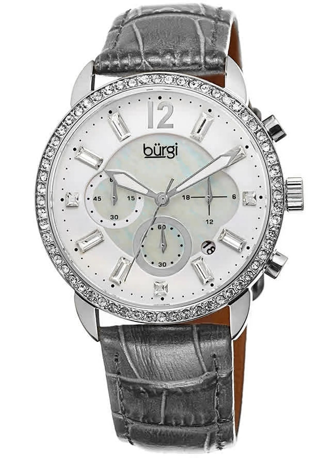 Women's Crystal Dial Chronograph Genuine Leather Strap Watch - Silver-Tone