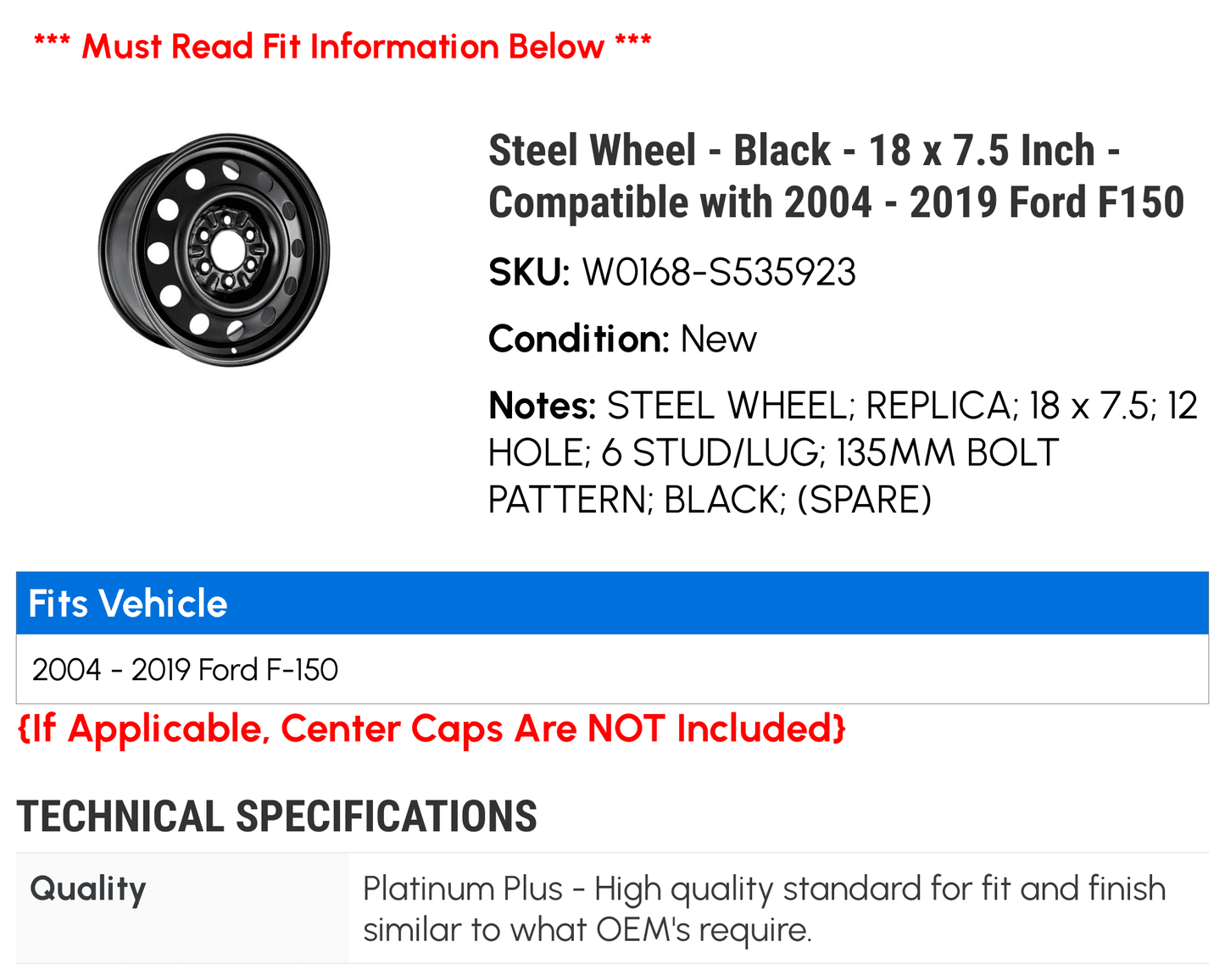 Steel Rim - Black - 18 x 7.5 Inch - Compatible with 2004 - 2019 Ford F150 2005 2006 2007 2008 2009 2010 2011 2012 2013 2014 2015 2016 2017 2018