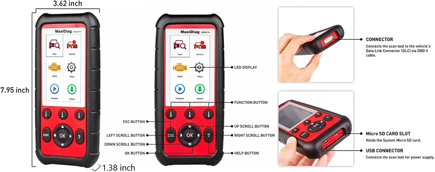 Autel MaxiDiag MD808 Pro OBD2 Scanner EPB/ Oil Reset Battery Registration and Reset Parking Brake Pad Relearn Diesel Particulate Filter Regeneration Steering Angle Relearn Read/Clear Codes Live Data