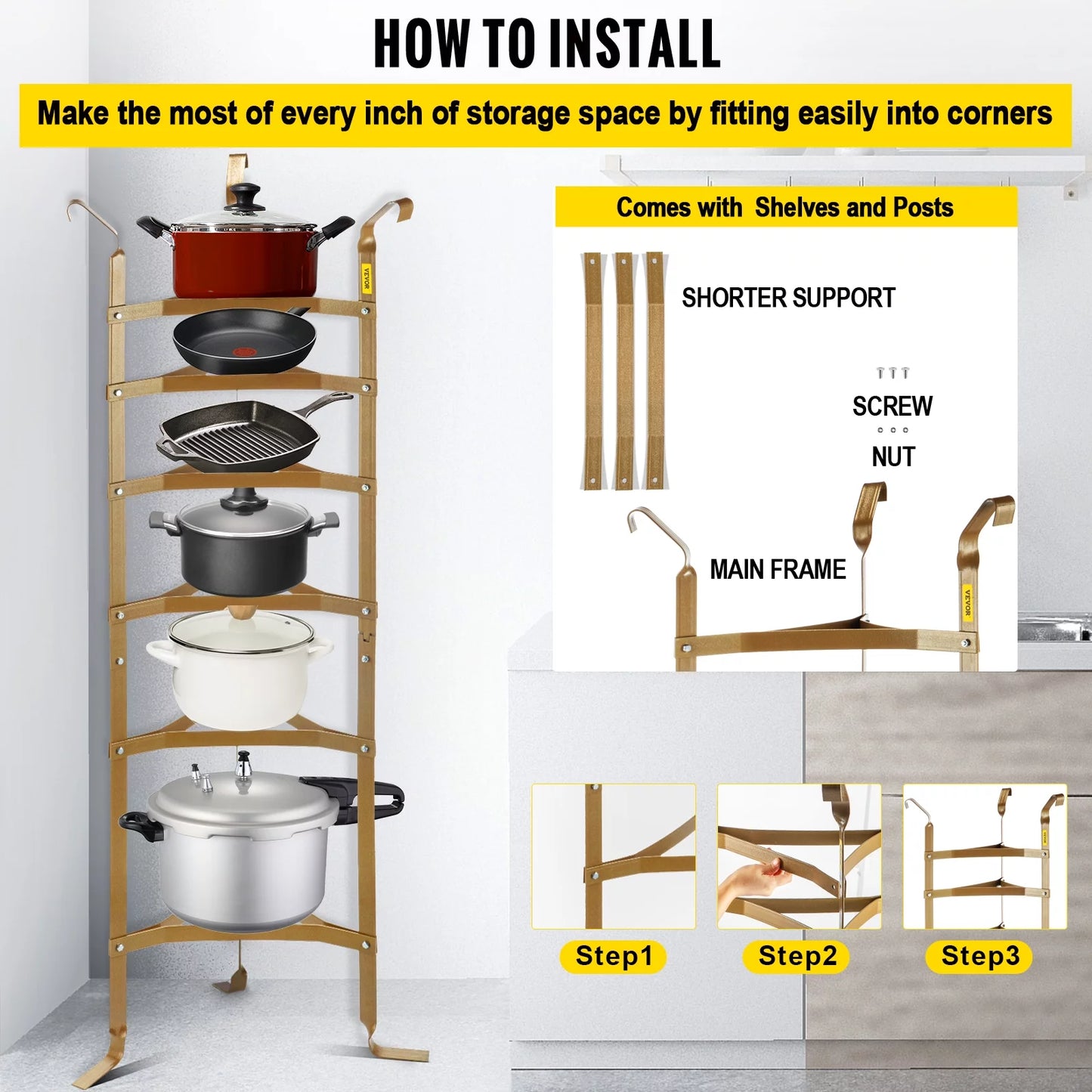 6-Tier Cookware Stand, Carbon Steel Multi-Layer Pot Rack, 61-inch Cookware Shelf, Copper Cookware Storage Tower, Unassembled Kitchen Corner Shelf Rack for Pans, Pots, Baskets Kettles Storage